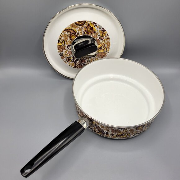 Vintage MCM Prestige Japy Marne Enamel Paisley Floral Sauce Pan w Lid France - Picture 3 of 16